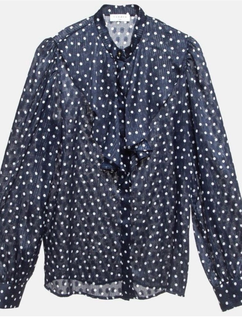 Sandro Navy Polka Dot Ruffle Neck Blouse